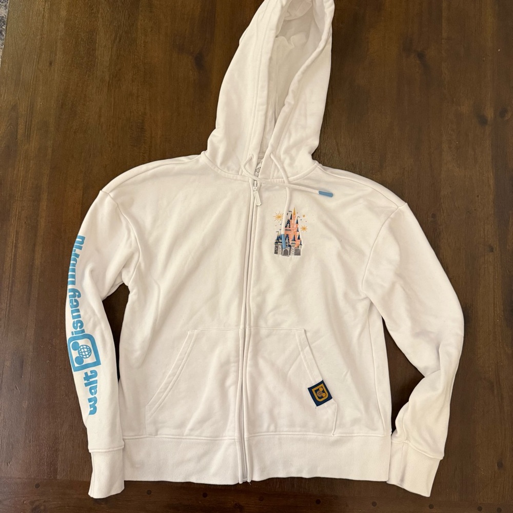 Disney World Parks Full Zip Castle Hoodie with Blue and Orange/Pink Details